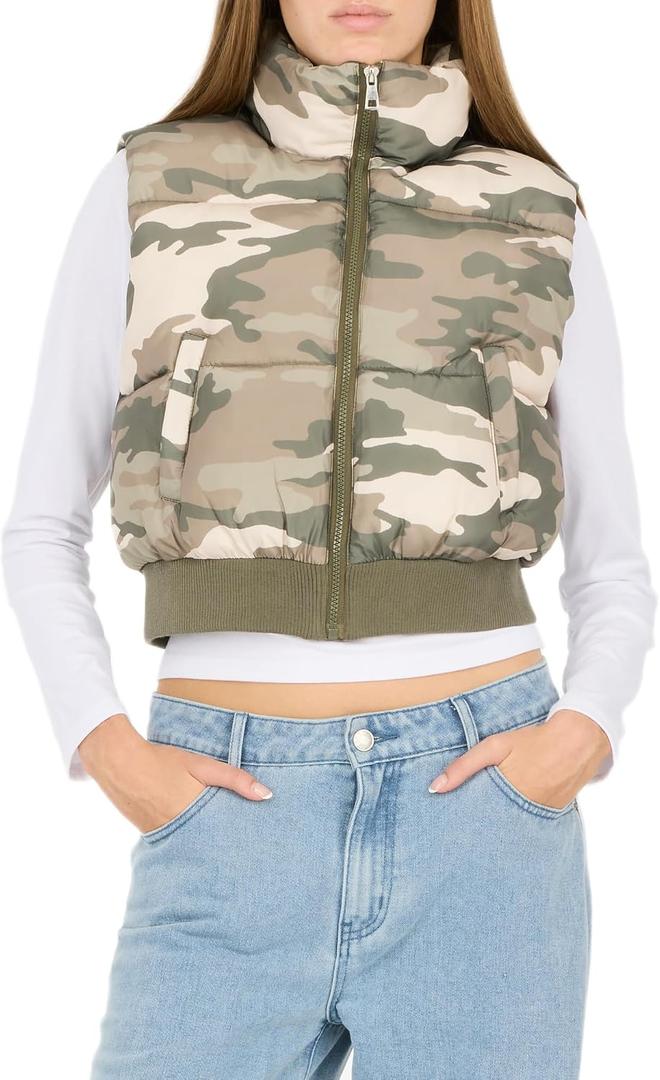 Forever 21 Women's Puffer Vest – Cropped Quilted Zip-Up Outerwear with High Neck Collar M