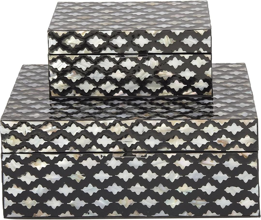 Deco 79 Mother of Pearl Shell Decorative Box Decorative Keepsake Boxes with Hinged Lid, Set of 2 Storage Boxes 12", 8"W, Black