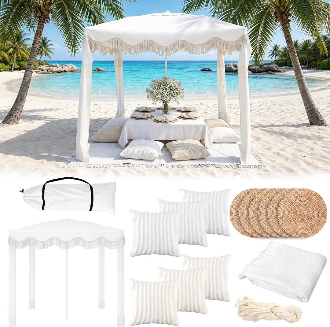 Hosuly 20 Pcs Boho Beach Cabana Picnic Set, Fringe Canopy, White