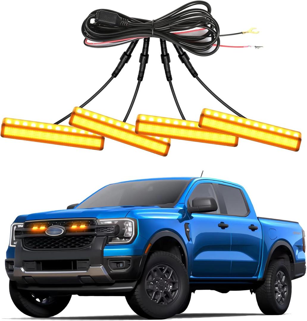 4PCS Front Grille Lights for Ford Ranger 2024 2025 Bright Bumper Grill Light Bar LED Running Lamps Fit for XL XLT Lariat Car Accessories (Fit for 2019-2025, Amber Lights)