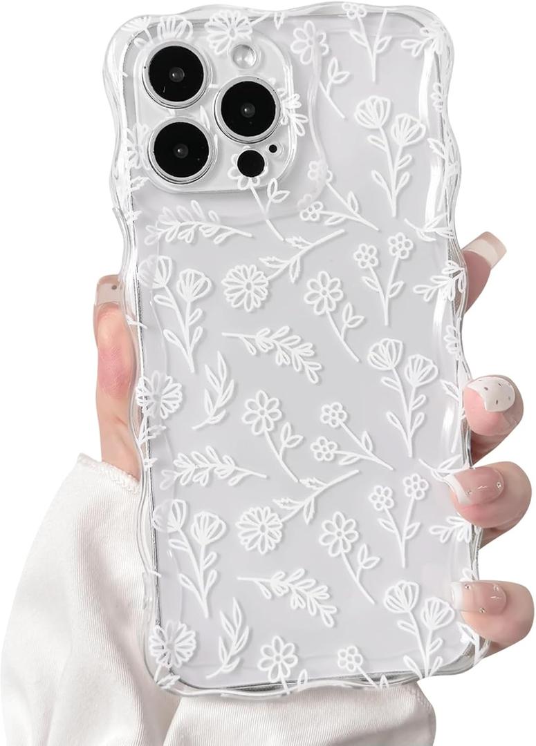 NITITOP Compatible with iPhone 12 Pro Case Curly Clear Cute Floral Flower Leaves Design for Women Girls Artistic Wavy Frame Soft TPU Shockproof Protective Full Camera Protection Cover - White