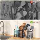 Nigelia 4 Compartments Extra Large Kitchen Utensil Holder with Wooden Base, Metal Organizer for Kitchen Countertop, Matte Black Cooking Utensils Holder with 4 Hooks for Tools Storage