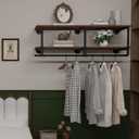 Clothes Rack 48in, Wall Mounted Garment Rack with Real Wood Shelf, Heavy Duty Hanging Clothes Rack, Multi-Purpose Hanging Rod, Space-Saving Closet Storage (2T48IN)