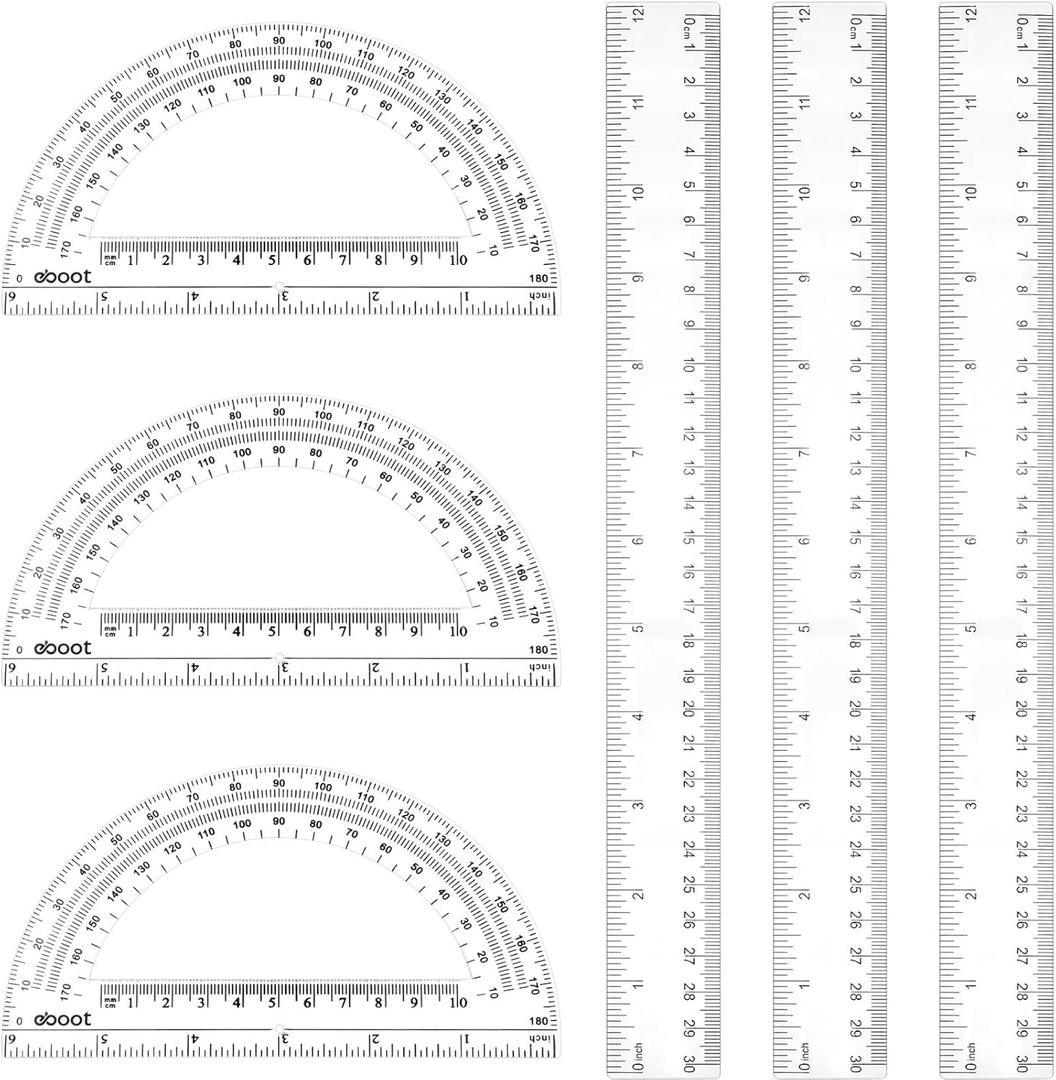 Zonon 6 Packs 12 Inch Plastic Ruler and 6 Inch Plastic Protractor Set Clear Math Geometry Protractors Set Transparent Supplies Rulers for Home Office Drawing
