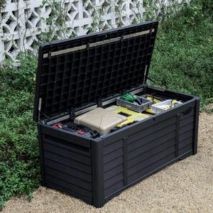 DWVO Outdoor Storage Deck Box, 120 Gallon Capacity, Waterproof Storage Bench, Lockable Lid, Resilient Resin Construction, Black