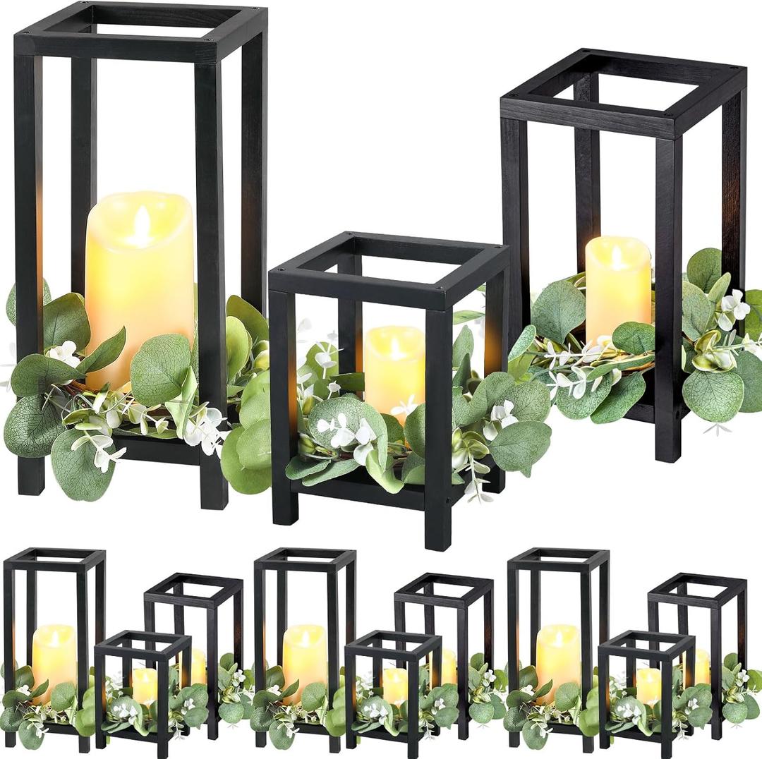 Geelin 12 Set Wooden Wedding Lantern Centerpiece Decor Baptism Lantern Candle Holder for Table Centerpiece Wedding Party Baby Shower Home Country Porch Patio Decor(7.87'', 10.59'', 12.99'', Black)