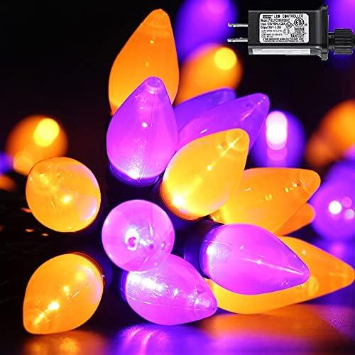 C7 Halloween String Lights - 50 LED 24Ft Vintage Smooth Bulb Light with Auto Timer, Extendable, 8 Modes - Waterproof Spooky Lighting for Outside Roofline House Holiday Party Decorations Purple Orange