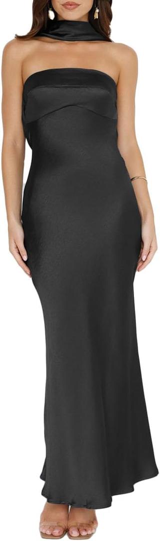 Women's Summer Satin Strapless Tube Top Maxi Dress Elegant Silk Backless Halter Neck Formal Party Dresses Wedding Guest (Black, S)