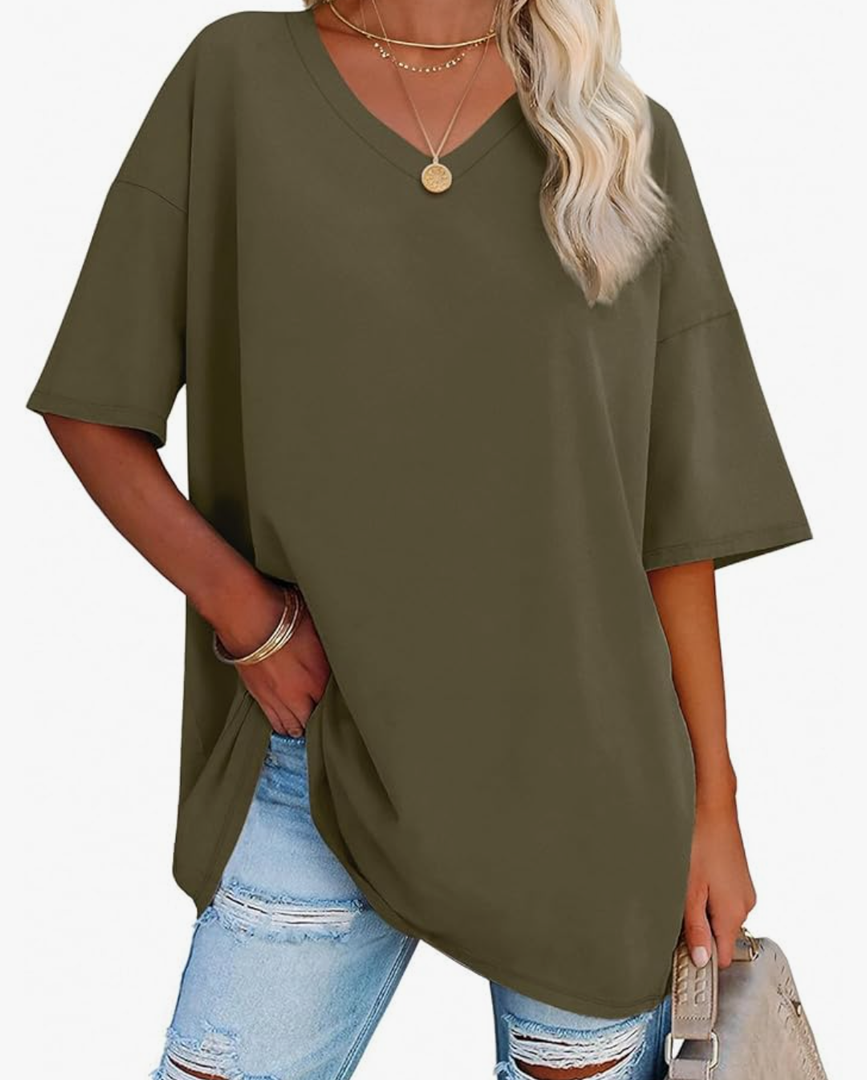 ATHMILE Womens Summer Oversized Shirts V Neck Plus Size Spring Workout Tops Beach Vacation 2025 Gym Clothes, XL