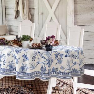 Blue Floral Oval Tablecloth 54x72 Inch, Blue and White French Country Tablecloth, Rustic Floral Polyester Waterproof Tablecloth for Farmhouse Kitchen Decor/Indoor and Outdoor Tables/Parties/Picnics