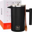 Barista Warrior French Press Coffee Maker Stainless Steel with Built-In Thermometer - Insulated Double Wall Design, Dual Filter System, Stay-Cool Handle & Wood Spoon - Black