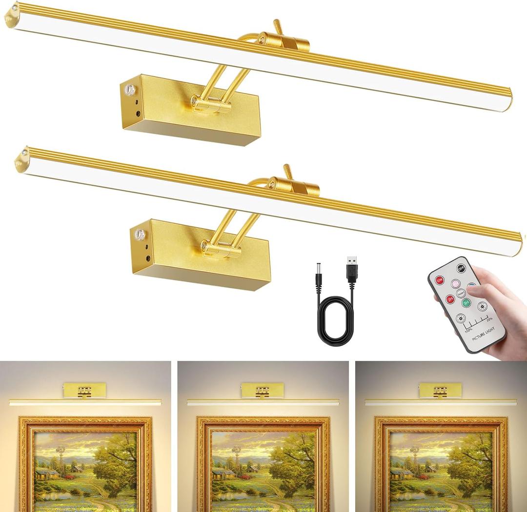2Pack Picture Light, 5200mAh Rechargeable Picture Light for Wall with Remote Control and Timer, 300LM 16" Metal 3000K Warm Light Dimmable Art Light for Frame, Artwork, and Paintings(Gold) (Gold 2Pack)