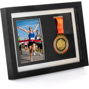 Hacaroa Medal Display Shadow Box, Single Medal and Photo Display Frame Case, Wood Marathon Medal Storage Box for Runners, All Sports Winners, Military Awards, Black (13"Lx9.5"W)