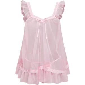 OYOANGLE Women's Lingerie Set 2 Piece Mesh Lace Sheer Chemise and G String Babydoll Nightwear (Pink)