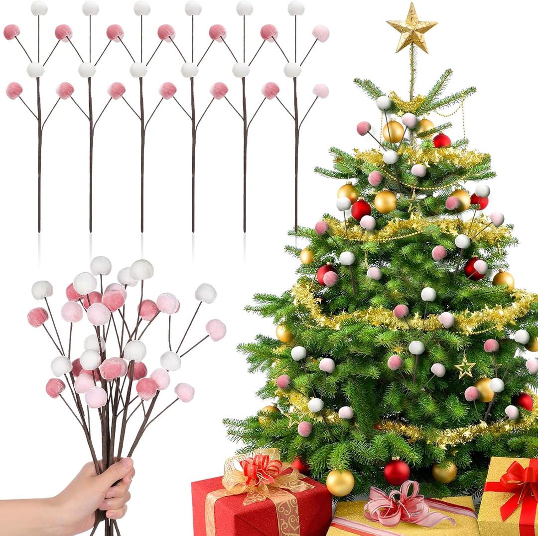 6 Pcs 14 Inch Christmas Tree Picks Velvet Christmas Ornaments Spheres Ball Pick Velvet Xmas Tree Branches Hanging Decoration Wreath Home Office Party Ornament(Pink,White)
