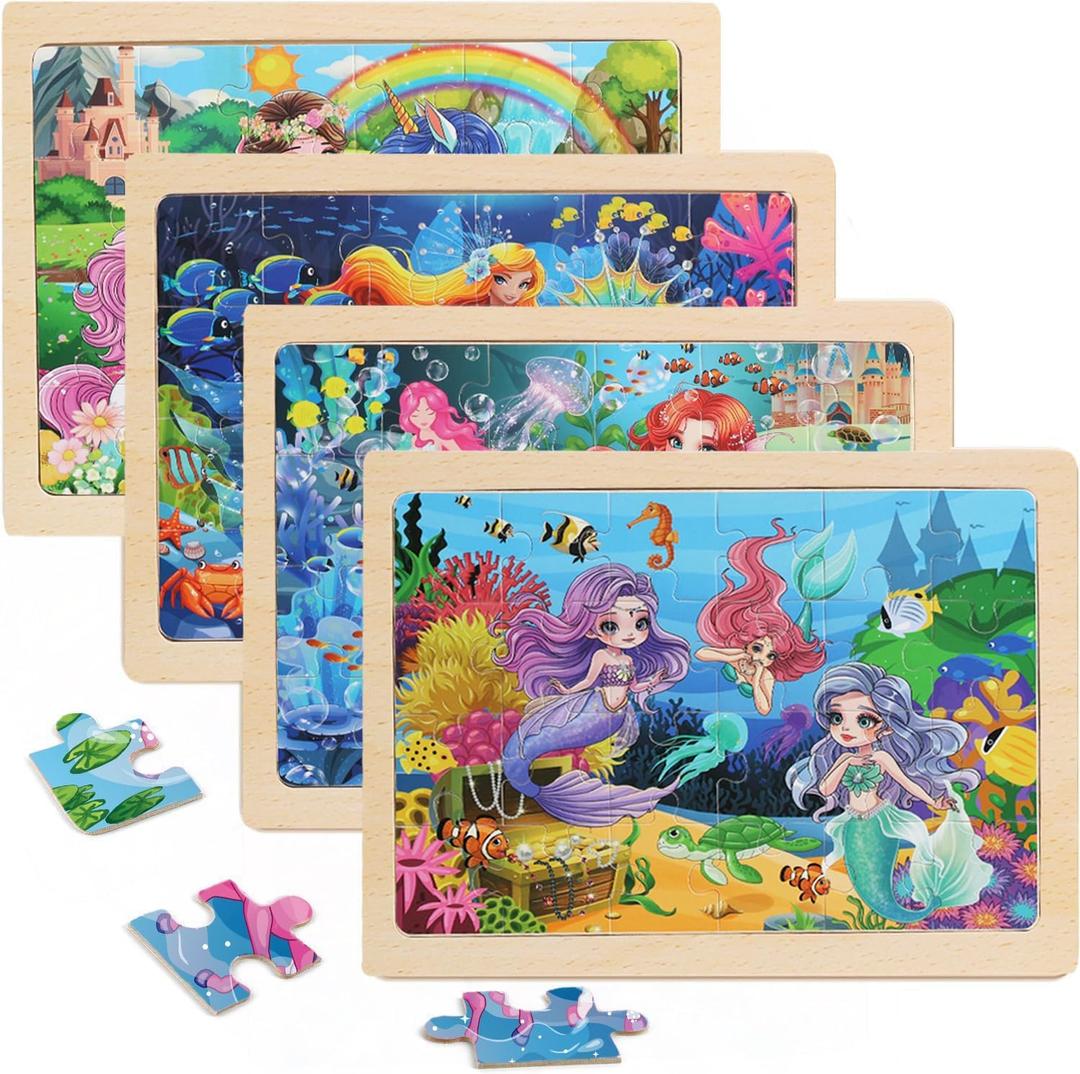 Wooden Puzzles for Kids Ages 4-6, 4 Packs 24 PCs Unicorn Mermaid Princess Fairy Jigsaw Puzzles, Preschool Educational Brain Teaser Toys for Girls 3 4 5 6 Years Old