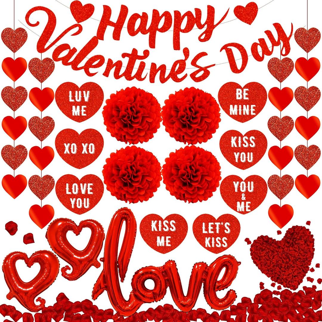 Valentines Day Decorations Set with Happy Valentine's Day Banner, Garlands, Love Balloons, Rose Petals, Paper Poms, Hanging Cards for Home, Bedroom, Office, Anniversary, Date Night Dcor