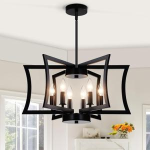 22.84" Black Metal Pendant Light, 6-Light Dining Room Light Fixture Modern Industrial Geometric Chandelier Lighting, Suitable for Villa Foyer, Kitchen Islands, and Farmhouse Living Rooms