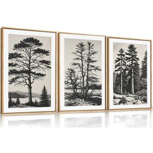 LHIUEM Large Vintage Sketch Tree Framed Wall Art Set,Antique Black and White Wall Decor,Nature Botanical Lake Artwork,Modern Wilderness Forest Art Prints for Living Room,Bedroom- 24"x36"x3