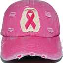Breast Cancer Awareness Hat Pink Ribbon Patch Distressed Cotton Adjustable Baseball Cap, Breast Cancer Gift for Women