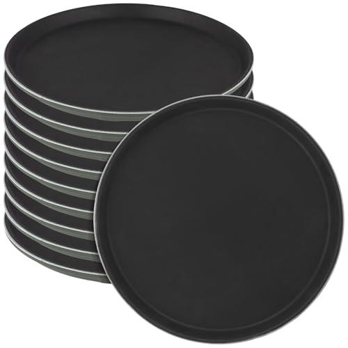 NINGWAAN 10 PCS Round Restaurant Serving Tray, 11 inch Plastic Non Slip Food Service Trays with Raised Edges for Kitchen, Cafeteria, Bar, Black