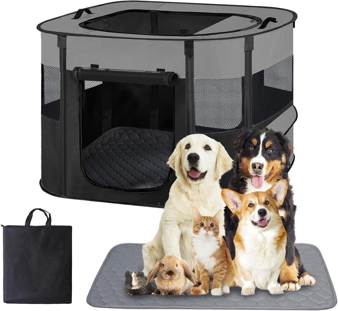Portable Dog Cat Playpen with Waterproof Pad,Collapsible Pet Puppy Kitten Crate,Foldable Small Animals Kennel Cage for Indoor Outdoor Travel Camping,Water-Resistant Breathable Shade Cover (Grey M)
