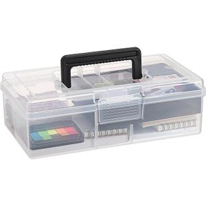 JUXYES Plastic Carry Storage Box with Removable Dividers, Clear Art Craft Supply Storage Bin Sewing Box With Handle Lid, 2 Layers Stationery Storage Case for School/Office Supplies (1 Pack, Black)