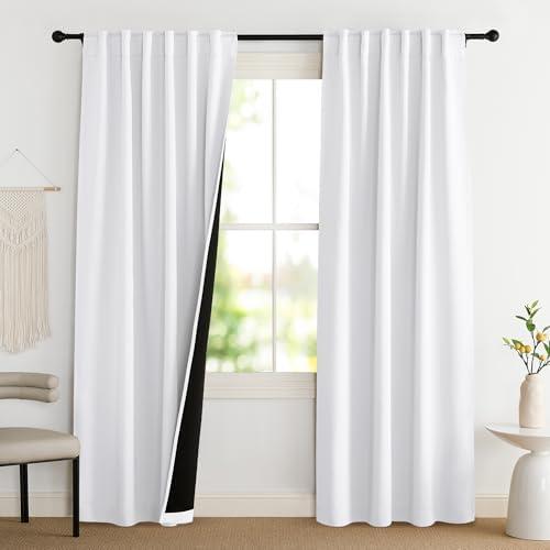 NICETOWN 100% Blackout Window Curtain Panels, Cold and Full Light Blocking Drapes with Black Liner for Nursery, 84 Inches Drop Thermal Insulated Draperies (Pure White, 2 Pieces, 52 inches Wide)