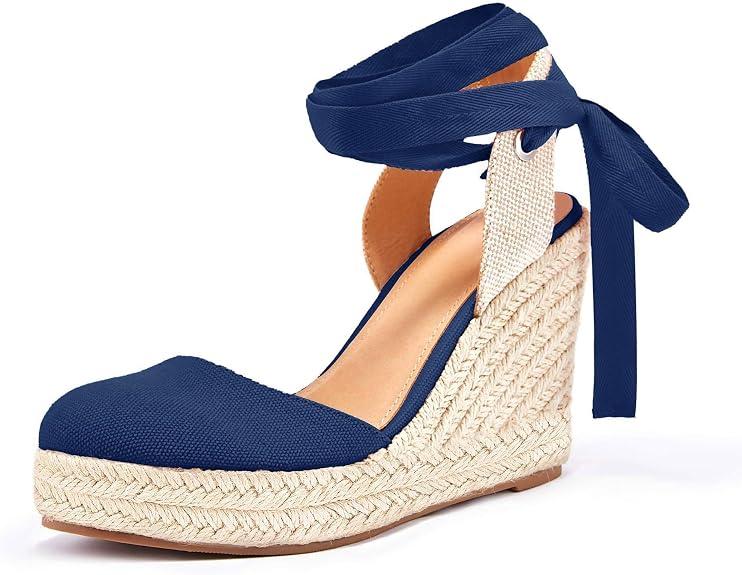 Ermonn Womens Espadrilles Wedge Sandals Platform Closed Toe Ankle Strap Lace Up Summer Shoes (Navy, M) Size: 7