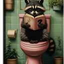 Funny Raccoon Bathroom Canvas Wall Art Picture Humorous Animal Poster Prints Raccoon Sitting On The Toilet Reading Book Painting Wall Decor for Washroom Restroom 16x24in Framed Ready To Hang