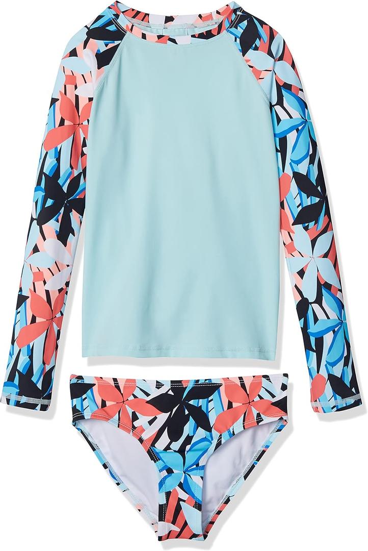 Kanu Surf Girls Long Sleeve Rashguard UPF 50 Two Piece Swim Set (10, Rowan Blue)