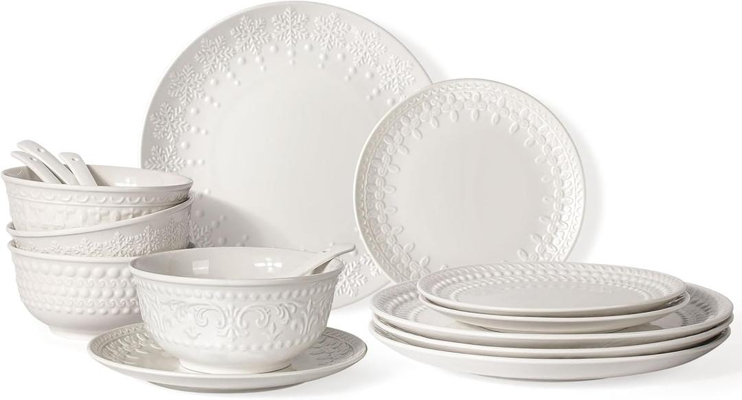 Plates and Bowls Sets - 16 Pieces Ceramic Dinnerware Sets for 4, Embossed White Dish Set Porcelain Kitchen Dishware Sets Dishwasher & Microwave Safe (Multiple Patterns)