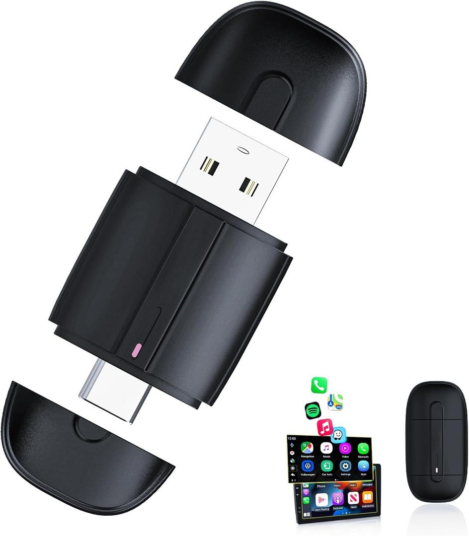 Wireless Carplay Adapter for iPhone, Easy to Upgrade Wired CarPlay to Wireless, Plug & Play, Mini Size with USB A & Type-C, Wireless Control Adapter for Cars from 2017 and iOS 10+ (Black)