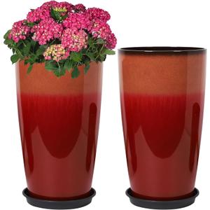Neoaider Set of 2 Lightweight Ceramic-Look Tall Planter, 21 inch Large Plastic Planter with Drain Hole & Saucers, Large Outdoor Planters for Porch, Garden, Patio, Balcony(Fiery Red)