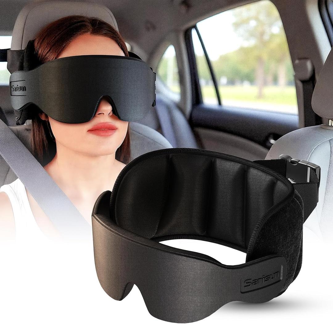 SARISUN Travel Pillow, Car Travel Pillow with 3D Eye Mask for Sleep, 360 Head Support Strap for All Car Seat, Road Trip Essentials, Stop Bobblehead, Black