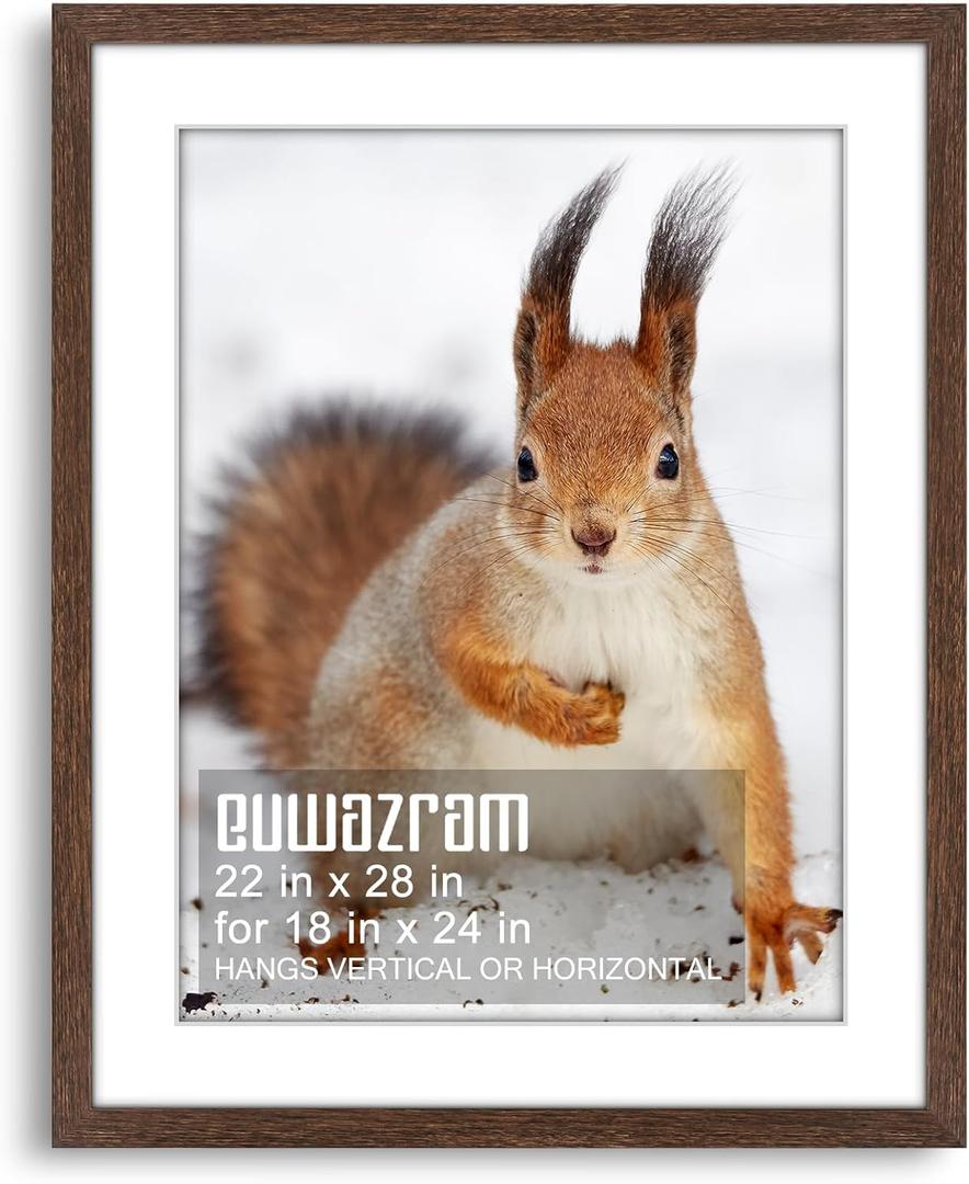 Solid Wood 22x28 Frame - Single Frame, Rustic Walnut 22 x 28 Poster Frame with Mat for 18x24, Picture Frames for Artwork, Puzzles, Photos and Movie Posters