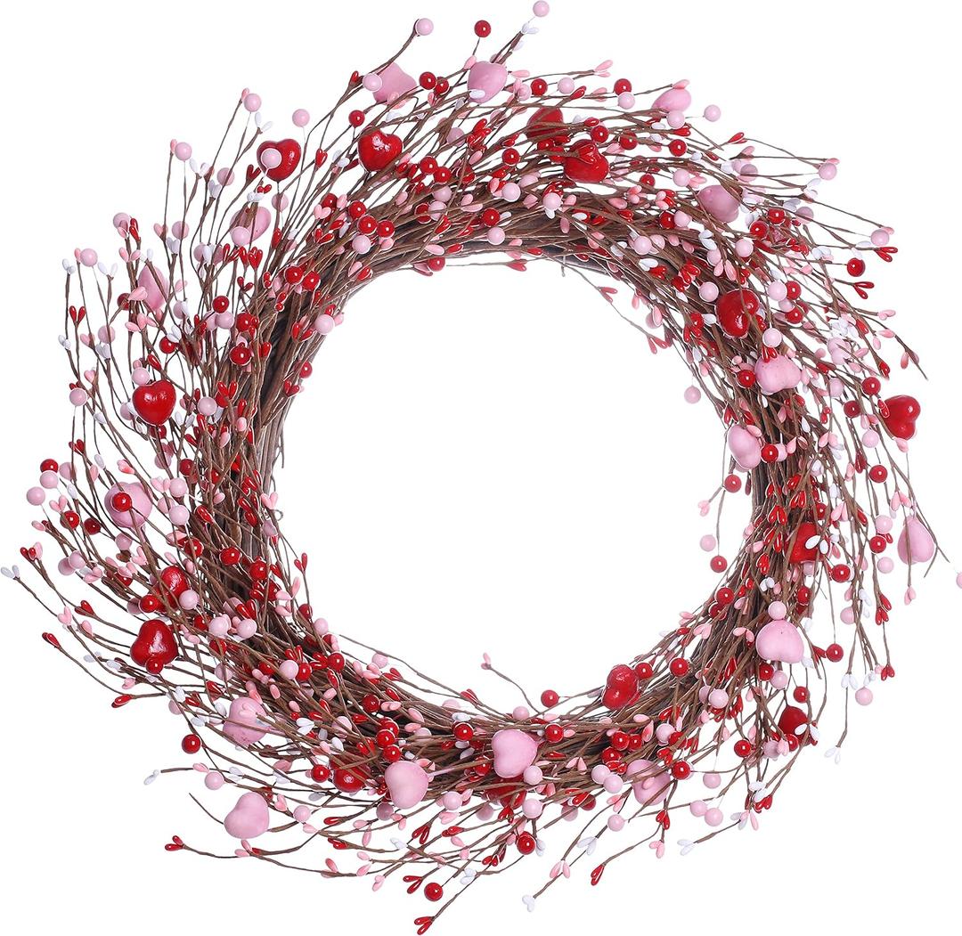 J'FLORU Valentines Day Wreaths for Front Door 20 Inch Valentines Day Wreath Valentines Wreath with Cute Hearts and Berries Valentines Day Gifts Anniversary Wedding Decorations (Red/Pink)