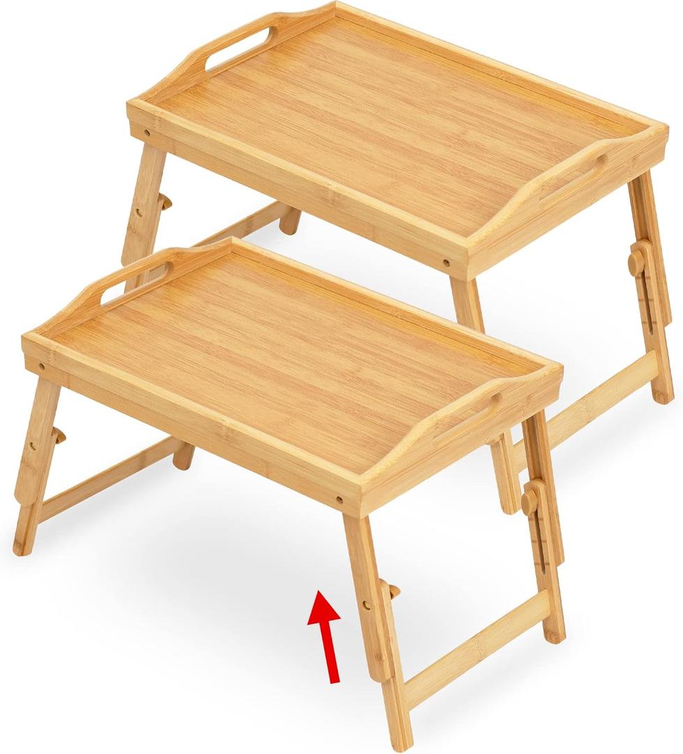 Breakfast Bed Tray for Eating - Height Adjustable Raised Food Table - Bamboo Serving Tray on Lap Sofa - Portable Snack Platter with Folding Legs Ideal for Bedroom, Picnic - Natural 2 Pack