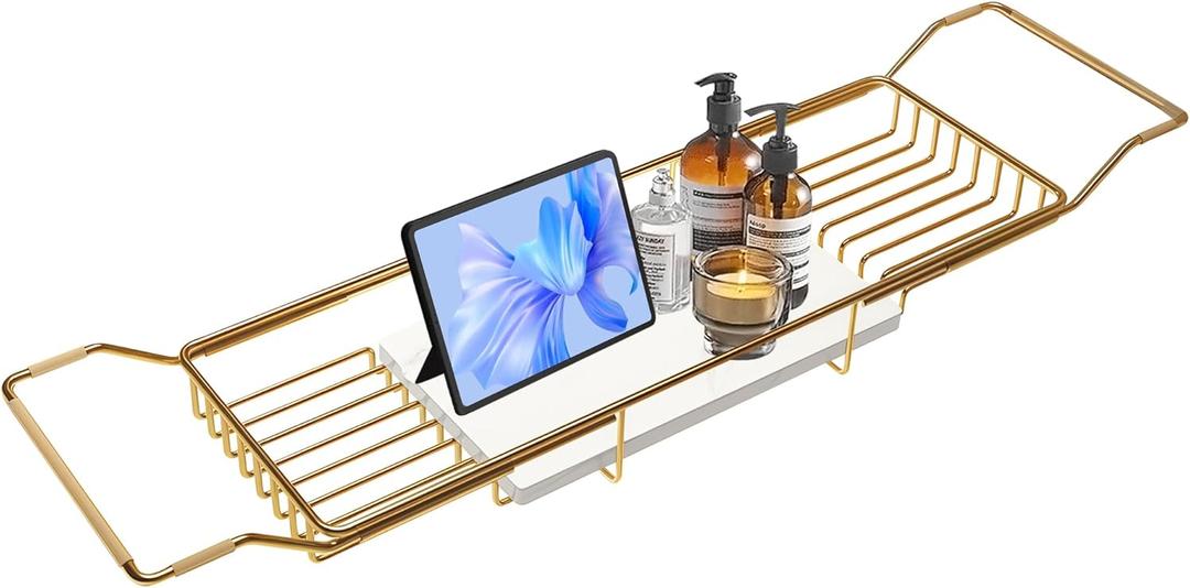 BVL Bathtub Tray Stainless Steel with Marble Base Gold Bathtub Tray with White Marble Base Adjustable & Rustproof Bath Caddy for Spa, Relaxation, Bath Bombs