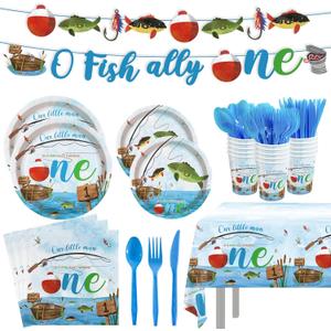 170pcs Ofishally One Party Plates Napkins Gone Fishing 1st Birthday Party Supplies Disposable Tablecloths Cups Banner for 24 Guests