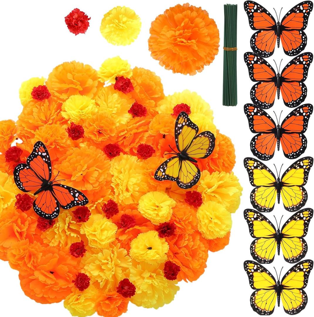 90 Pcs Marigolds Artificial Flowers Heads Bulk Mexican Party Decorations 4.72'' Artificial Butterfly 1.2'' 2'' 3.5'' Silk Marigold Flowers for DIY Xmas Party Garland (Red,Yellow,Orange)