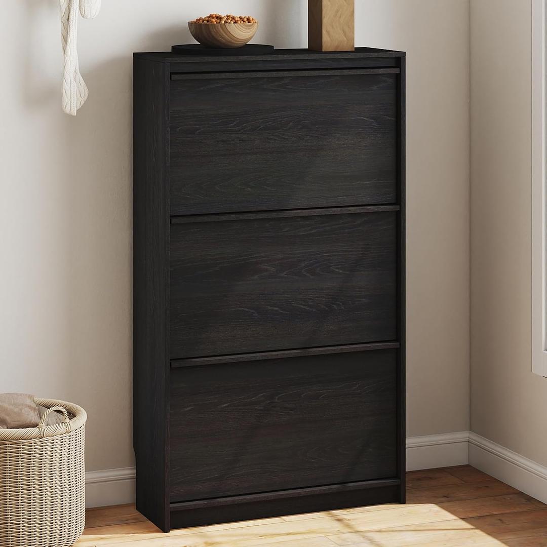 Shoe Cabinet with 3 Flip Drawers, 23.62" W Narrow Shoe Storage Cabinet for Entryway, Slim Shoe Organizer with Adjustable Shelves, Freestanding Shoe Rack for Hallway, Living Room, Black, 9.45"D x 23.62"W x 45.47"H