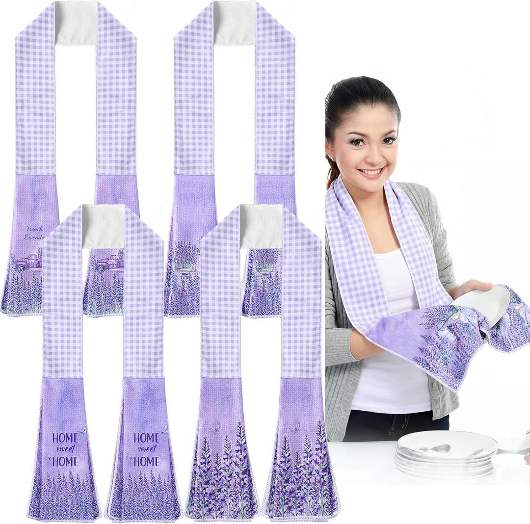 FuWeave 4 Pack Lavender Kitchen Scarf Boa Dish Towel Decor 4 x 68 Inch for Holiday Cooking Baking Accessories Plaid Cotton