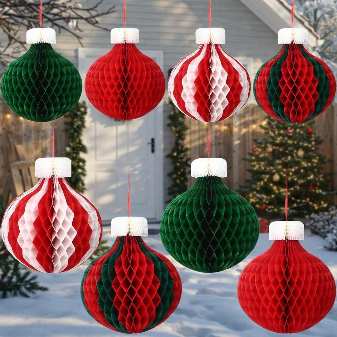 8 Pcs Jumbo 16'' 11.8'' Christmas Honeycomb Ornaments for Ceiling 3D Extra Large Candy Paper Honeycomb Ornament Craft Balls Red Green White Xmas Tree Decoration for Christmas Party Decor