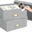 Decorative Photo Storage Box - 2 Pack Linen Photo Box Organizer with Dividers, Fits Holds Up to 1700 Pictures and 4x6 Photos, Memory Keepsake Organizer for Scrapbook Supplies, Cards, Stamps (Grey)
