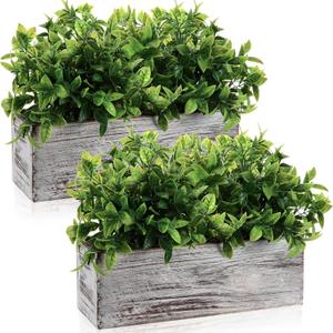 Lyrow 2 Pack Artificial Eucalyptus Plants in Rectangular Rustic Wooden Planter Box Faux Potted Herb Plant Greenery Centerpiece for Cabinet Windowsill Table Shelf Wedding Farmhouse Decor (White,11.4'')