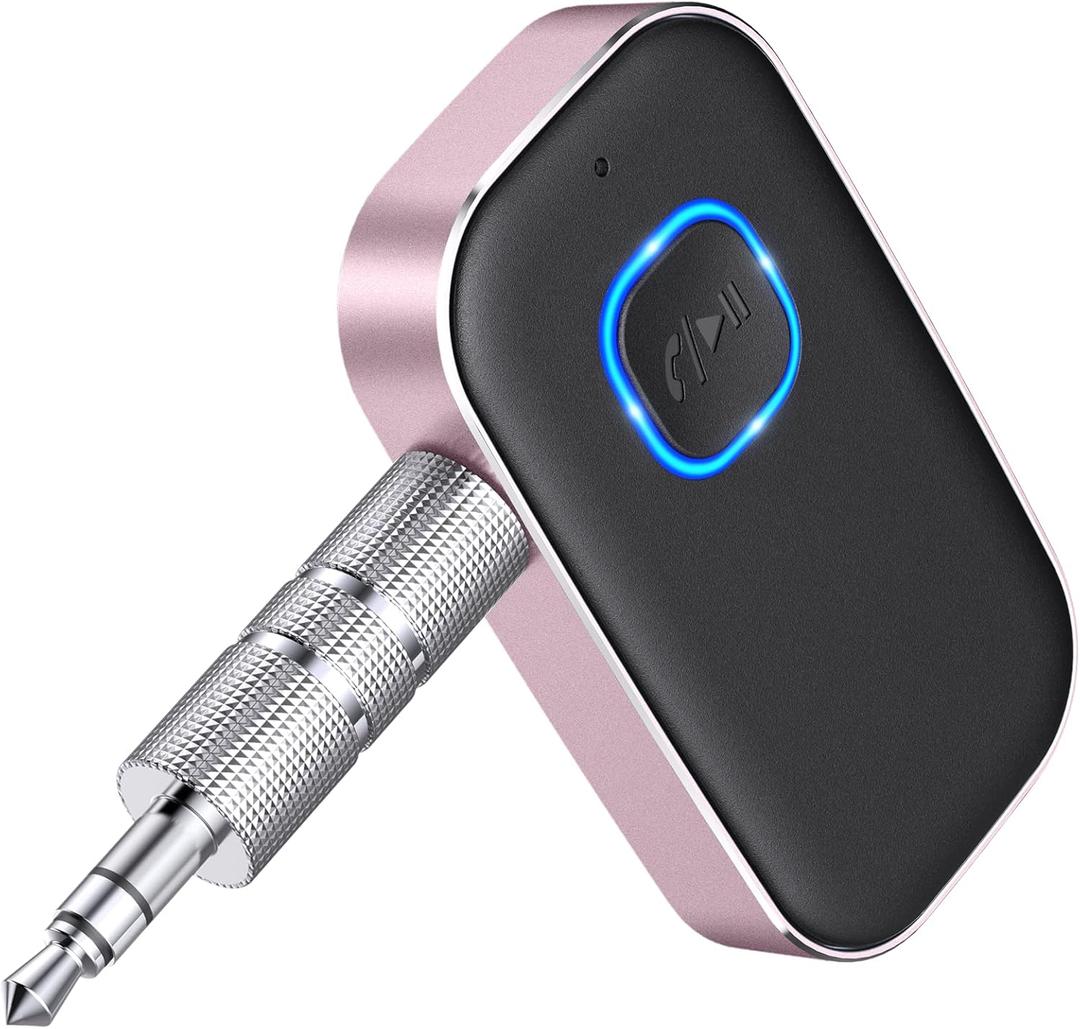 COMSOON Bluetooth AUX Adapter for Car, Noise Reduction Bluetooth Receiver for Music/Hands-Free Calls, Wireless Audio Receiver for Home Stereo/Speaker, 16H Battery Life/Dual Connect (Black/Pink)