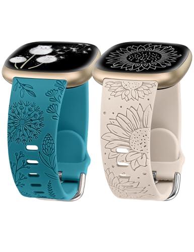 Minyee 2 Packs Floral Engraved Band Compatible with Fitbit Versa 4/Versa 3/Sense 2/Sense Band Women, Cute Silicone Dandelion Sunflower Soft Sport Fancy Summer Strap for Versa 4 (Teal & Starlight)