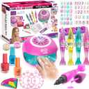 Amagoing Kids Nail Polish Set for Girls, Nail Kit for Girls Ages 7-12 with Nail Dryer, 2 in 1 Nail Pens, Sticky Cartoon Press on Fake Nail, DIY Sticker, Nail Set Play Salon Birthday Christmas Gift