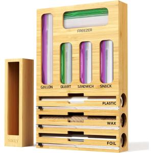 NIKUY 9 IN 1 Bamboo Foil and Plastic Wrap Organizer for Kitchen Drawer, Plastic Bag Organizer Organization and Storage, Food Storage Bag Organizer with Labels for Quart Gallon Snack Sandwich Bag